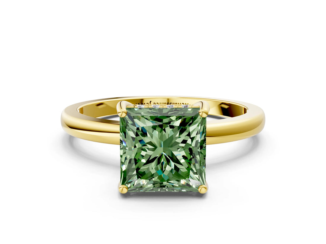 Yellow gold Fancy Green Princess Cut Solitaire Diamond Ring with Prong Setting and Plain Band