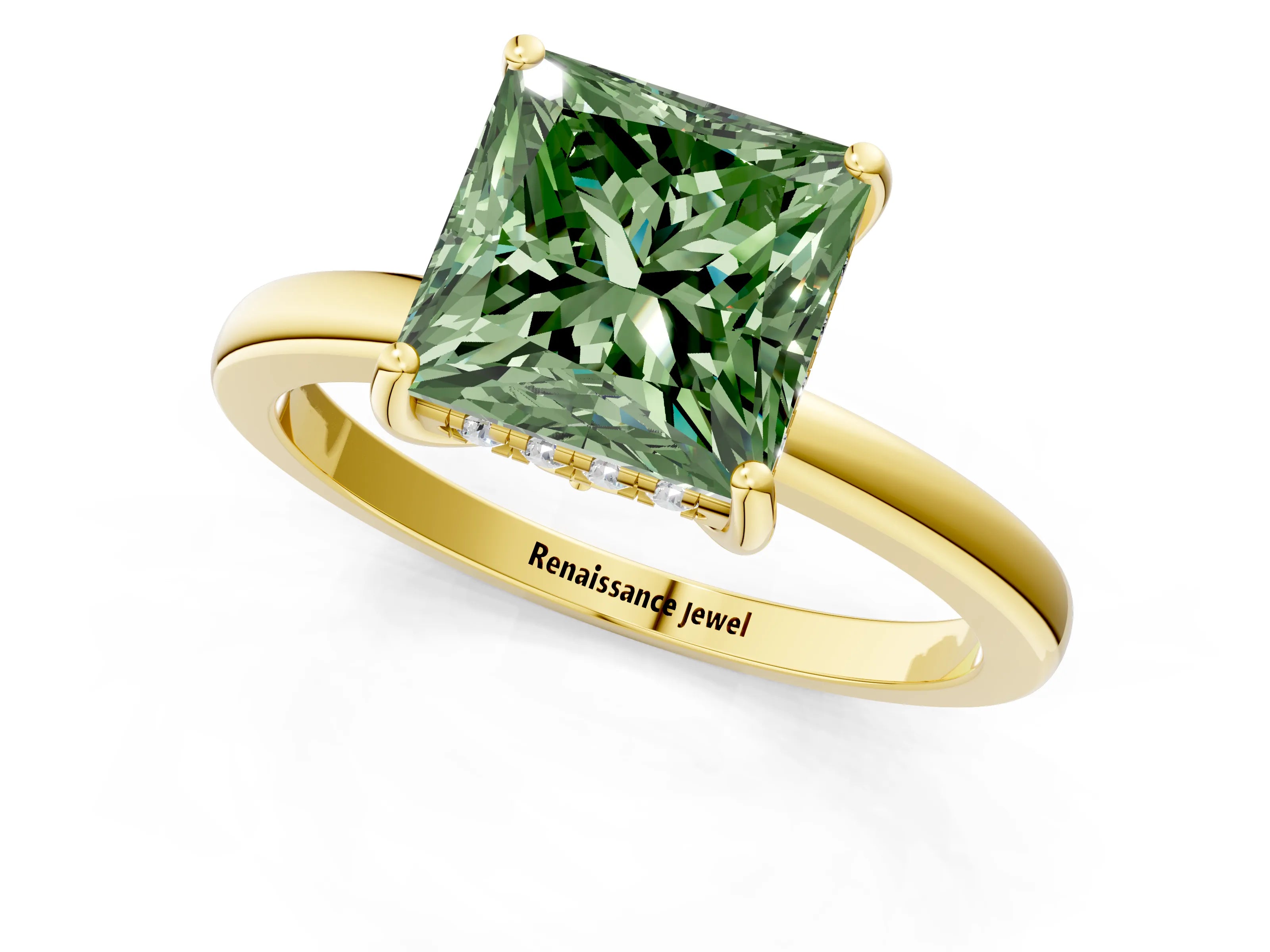 Yellow gold Fancy Green Princess Cut Solitaire Diamond Ring with Prong Setting and Plain Band_1