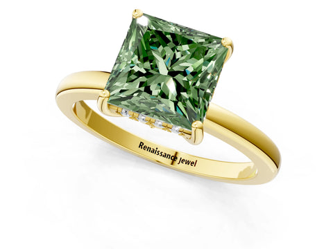 Yellow gold Fancy Green Princess Cut Solitaire Diamond Ring with Prong Setting and Plain Band_1