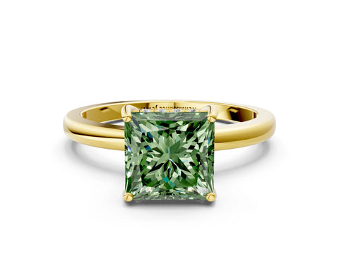 Yellow gold Fancy Green Princess Cut Solitaire Diamond Ring with Prong Setting and Plain Band