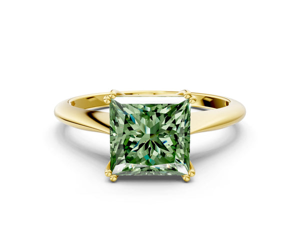 Yellow gold Fancy Green Princess Cut Solitaire Diamond Ring with Six-Prong Setting and Classic Band