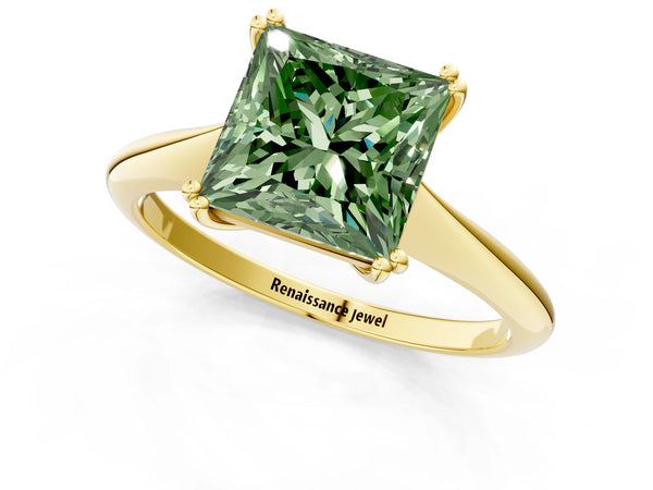Yellow gold Fancy Green Princess Cut Solitaire Diamond Ring with Six-Prong Setting and Classic Band