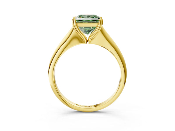 Yellow gold Fancy Green Princess Cut Solitaire Diamond Ring with Six-Prong Setting and Classic Band