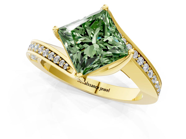 Yellow Gold Princess Cut Swirl Bypass Pave Engagement Ring Setting for Fancy Green Center