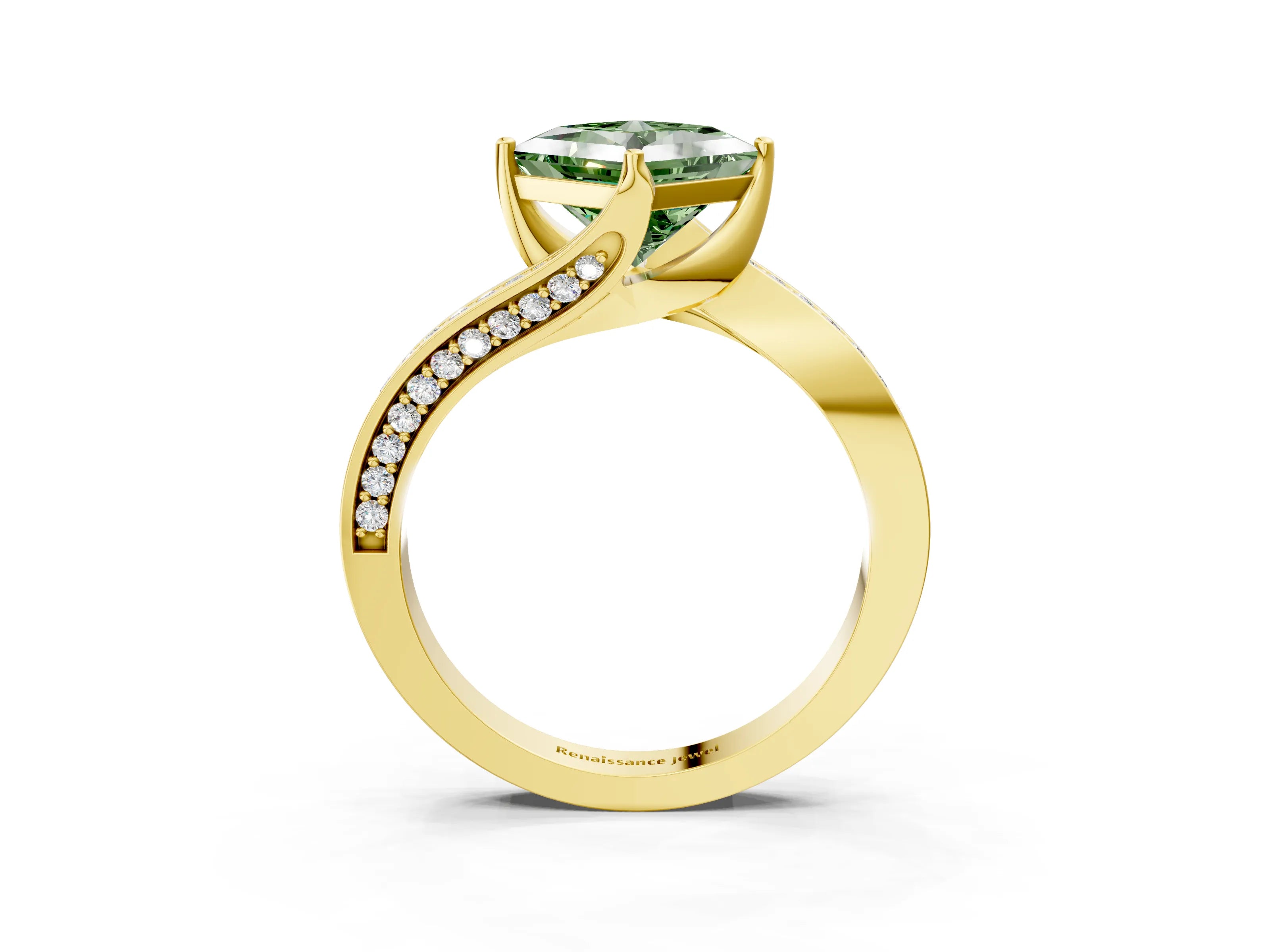 Yellow gold Fancy Green Princess Cut Solitaire Diamond Twist Band with Pavé Setting and Four-Prong Setting_3