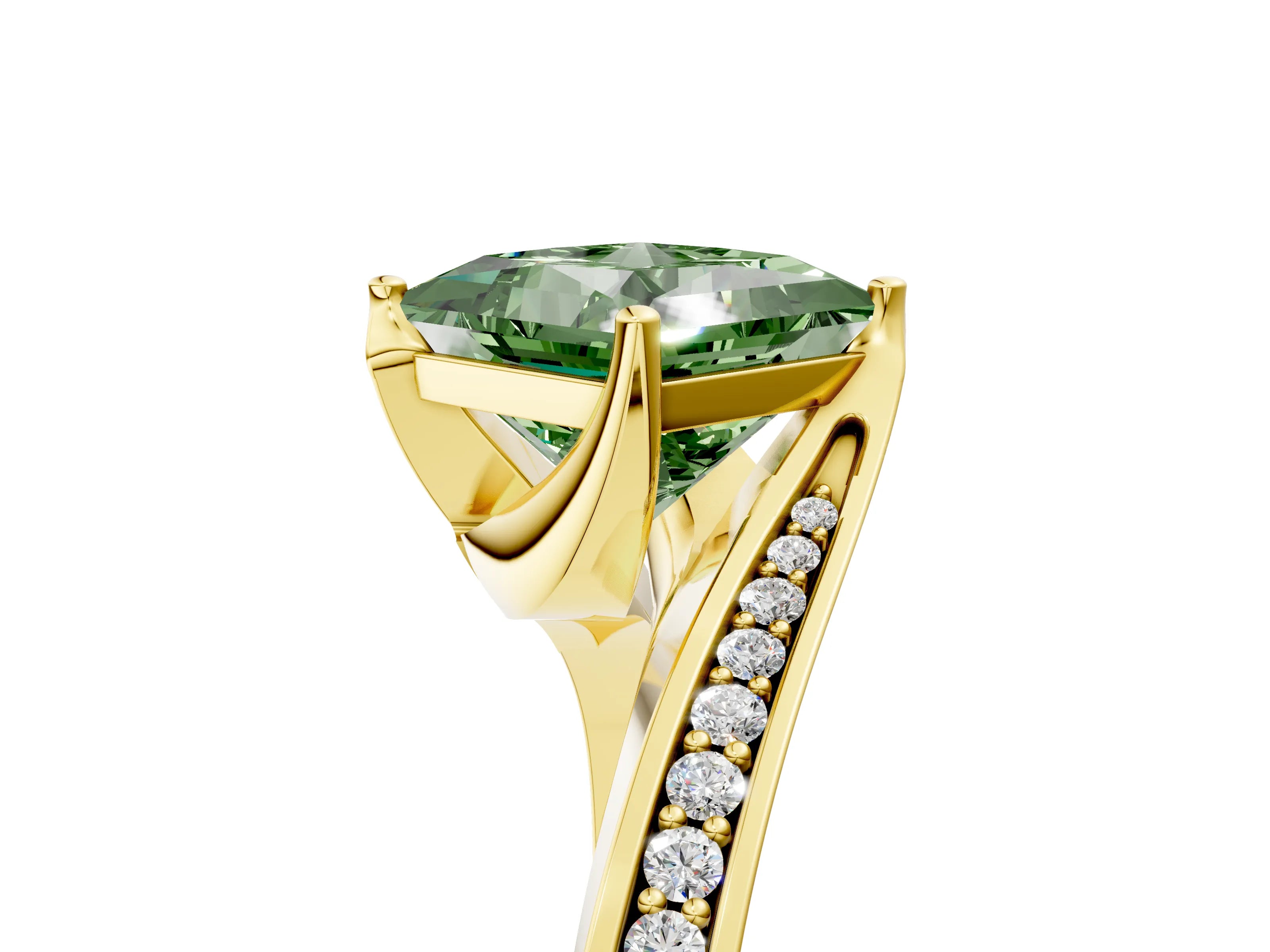 Yellow gold Fancy Green Princess Cut Solitaire Diamond Twist Band with Pavé Setting and Four-Prong Setting_5