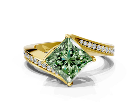 Yellow gold Fancy Green Princess Cut Solitaire Diamond Twist Band with Pavé Setting and Four-Prong Setting