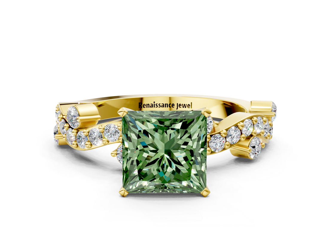 Yellow gold Fancy Green Princess  Cut Solitaire Diamond Twisted Band with Pave Setting