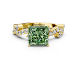 Yellow gold Fancy Green Princess  Cut Solitaire Diamond Twisted Band with Pave Setting