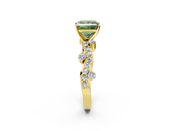 Yellow gold Fancy Green Princess  Cut Solitaire Diamond Twisted Band with Pave Setting