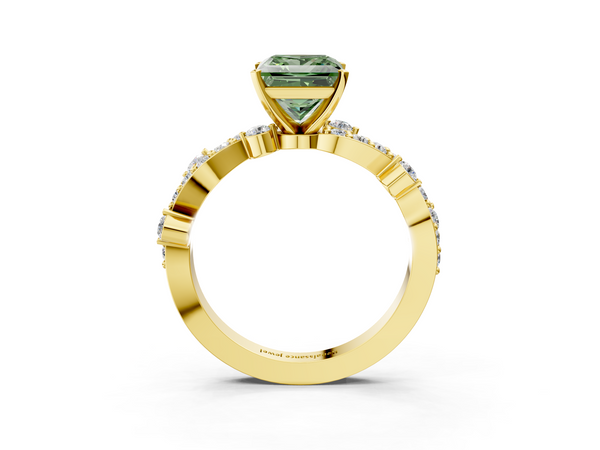 Yellow gold Fancy Green Princess  Cut Solitaire Diamond Twisted Band with Pave Setting