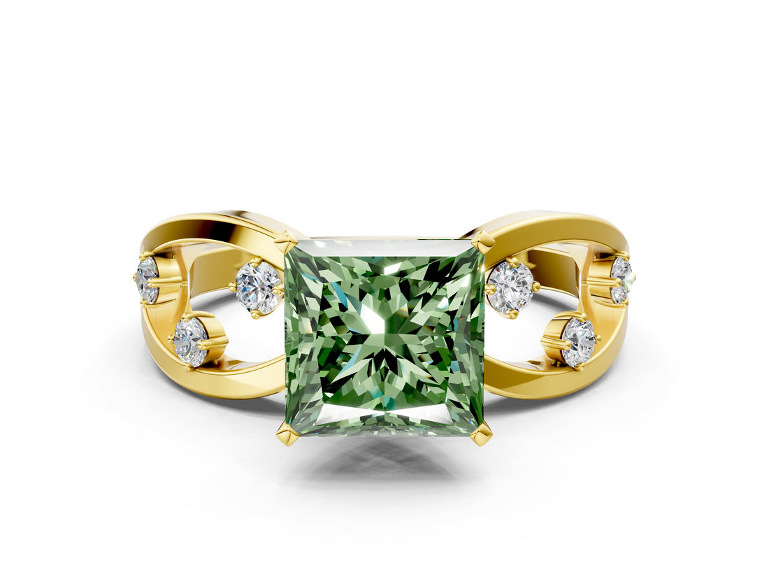 Yellow gold Fancy Green Princess  Cut Solitaire Diamond with Side Stones on Criss-Cross Band and Four-Prong Setting