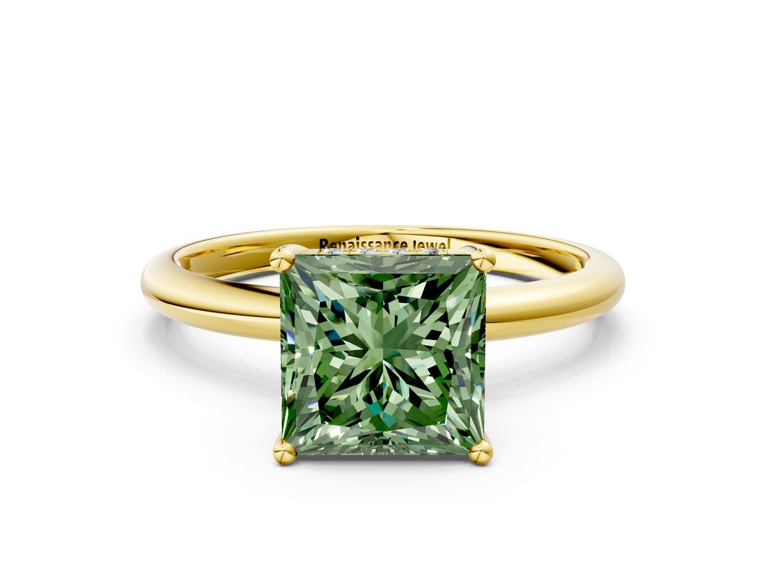 Yellow gold Fancy Green Princess  Cut Solitaire Engagement Ring with Four-Prong Setting and Classic Band