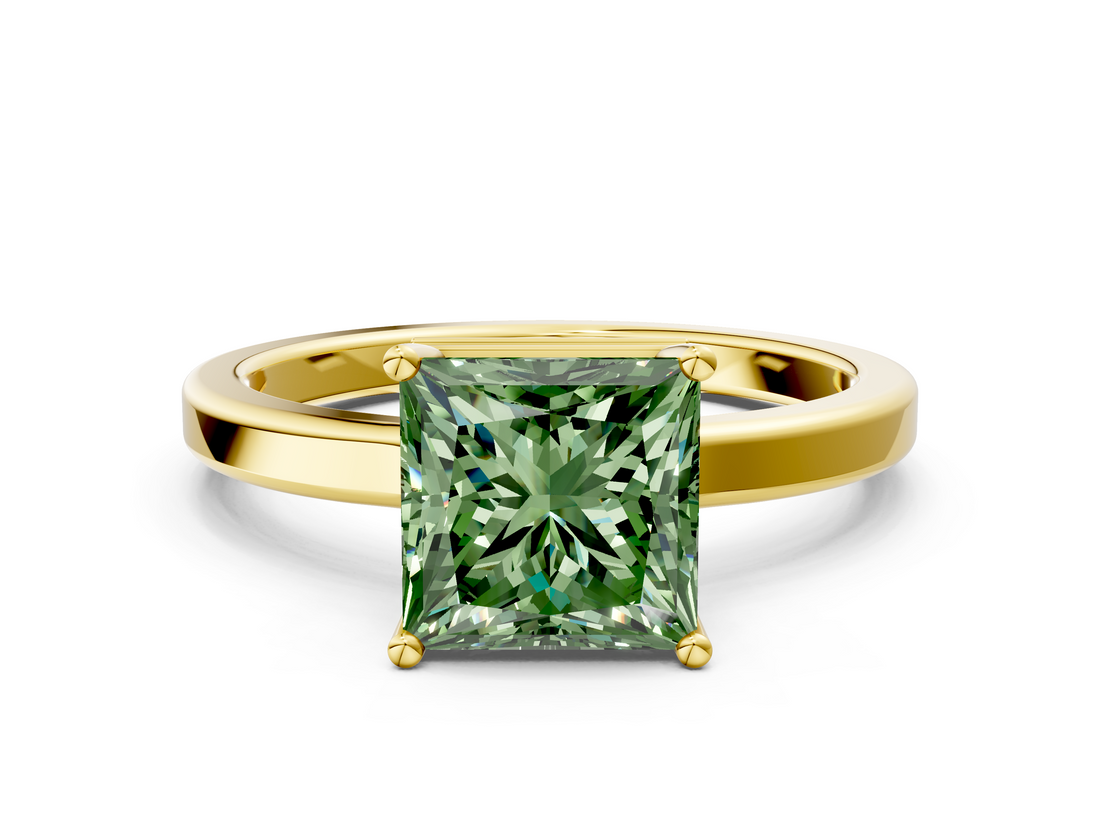 Yellow gold Fancy Green Princess  Cut Solitaire Engagement Ring with Four-Prong Setting on a Classic Band
