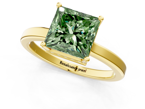 Yellow gold Fancy Green Princess  Cut Solitaire Engagement Ring with Four-Prong Setting on a Classic Band