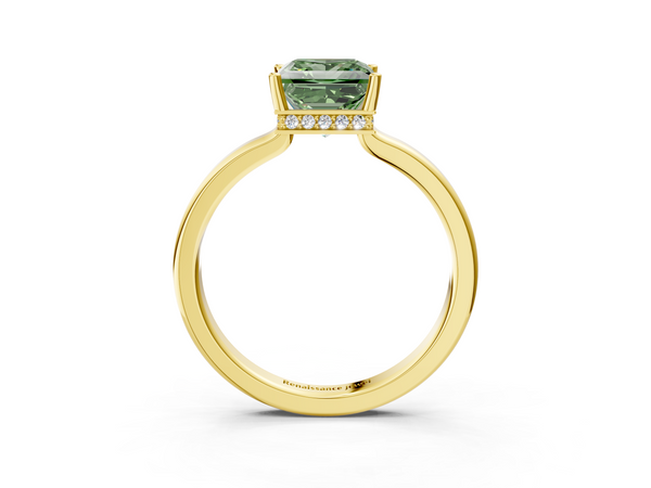 Yellow gold Fancy Green Princess  Cut Solitaire Engagement Ring with Four-Prong Setting on a Classic Band