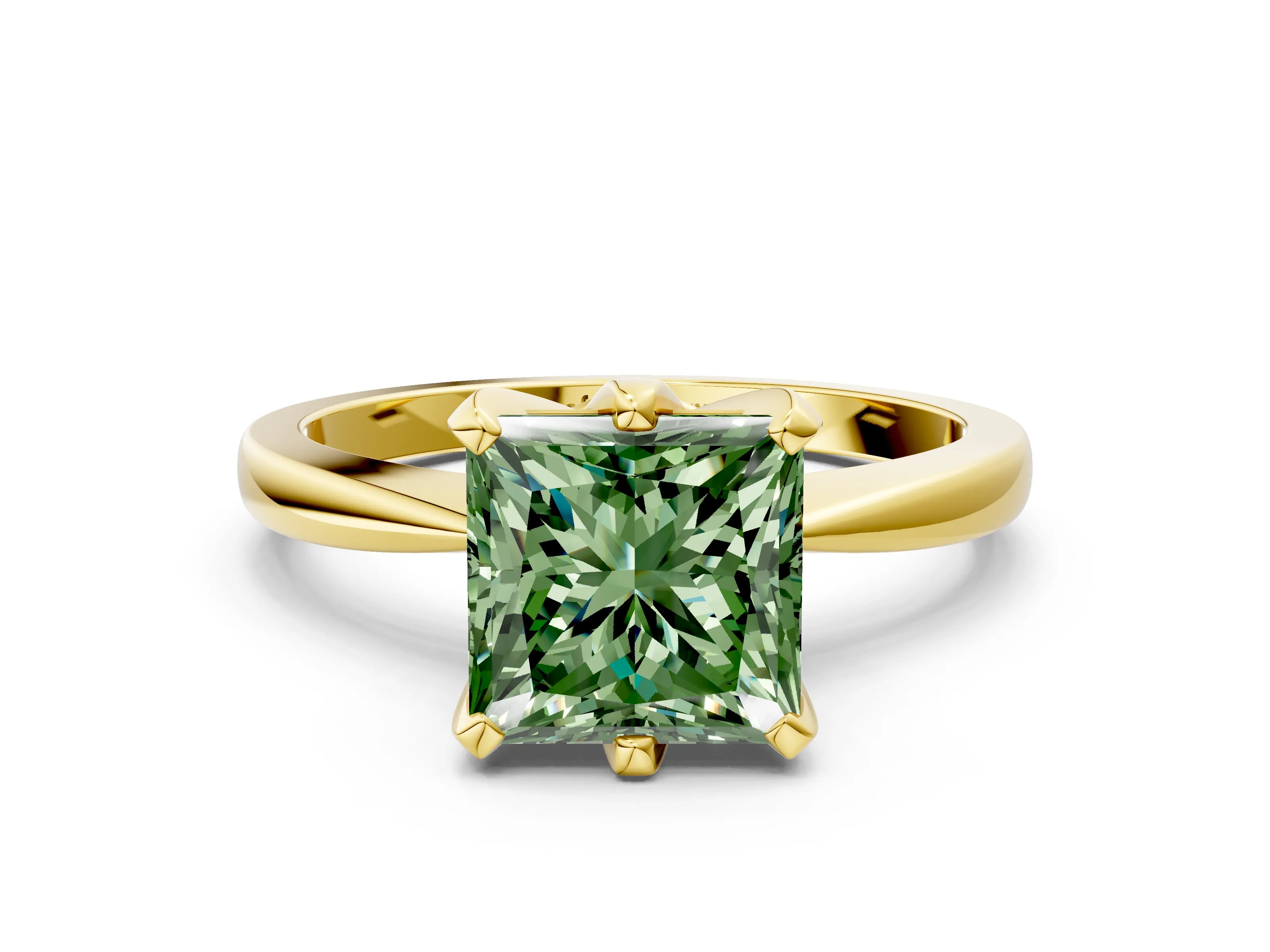 Yellow gold Fancy Green Princess Cut Solitaire Engagement Ring with Six-Prong Setting and Tapered Band
