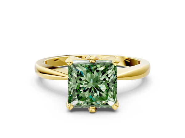 Yellow gold Fancy Green Princess Cut Solitaire Engagement Ring with Six-Prong Setting and Tapered Band