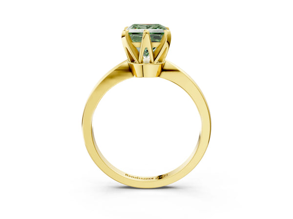 Yellow gold Fancy Green Princess Cut Solitaire Engagement Ring with Six-Prong Setting and Tapered Band