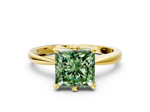 Yellow gold Fancy Green Princess Cut Solitaire Engagement Ring with Six-Prong Setting and Tapered Band