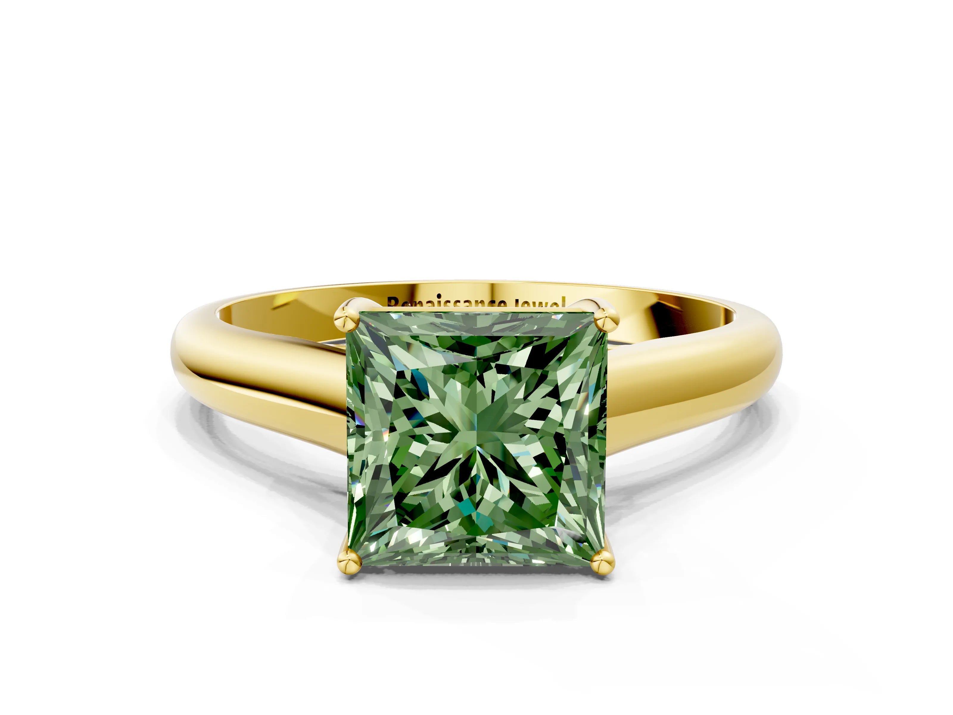Yellow gold Fancy Green Princess Cut Solitaire Engagement Ring with Tapered Band and Four-Prong Setting_3