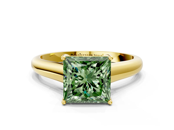 Yellow gold Fancy Green Princess Cut Solitaire Engagement Ring with Tapered Band and Four-Prong Setting