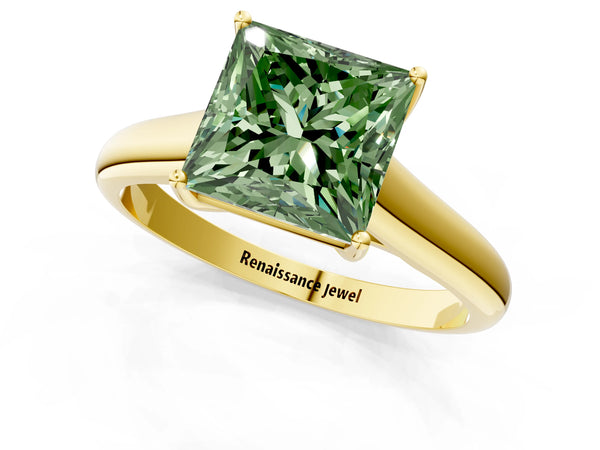 Yellow gold Fancy Green Princess Cut Solitaire Engagement Ring with Tapered Band and Four-Prong Setting