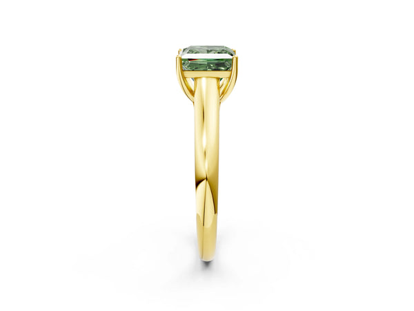 Yellow gold Fancy Green Princess Cut Solitaire Engagement Ring with Tapered Band and Four-Prong Setting