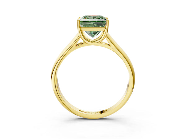 Yellow gold Fancy Green Princess Cut Solitaire Engagement Ring with Tapered Band and Four-Prong Setting