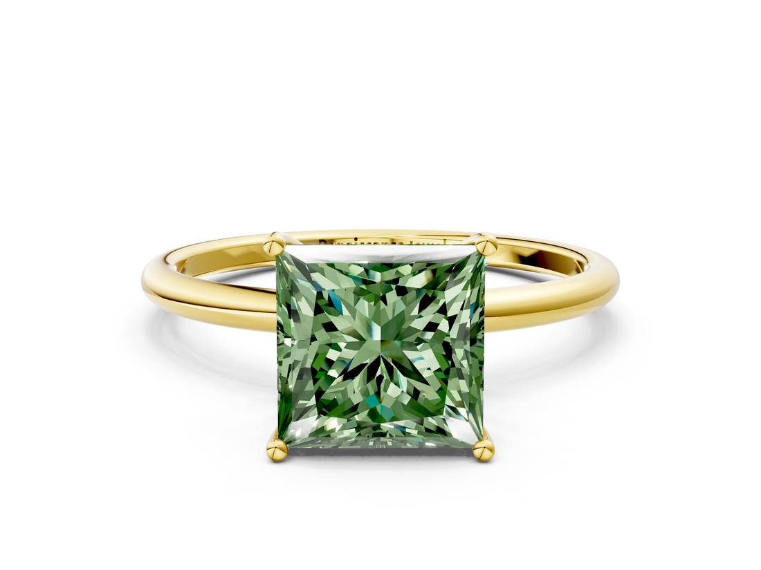 Yellow gold Fancy Green Princess  Cut Solitaire Engagement Ring with Thin Band and Four-Prong Setting_3