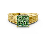 Yellow gold Fancy Green Princess  Cut Solitaire Engraved Band with Four-Prong Setting