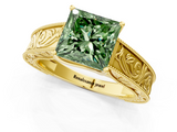 Yellow gold Fancy Green Princess  Cut Solitaire Engraved Band with Four-Prong Setting_1