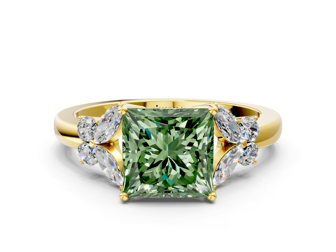 Yellow gold Fancy Green Princess  Cut Solitaire Floral Diamond Ring with Four-Prong Setting