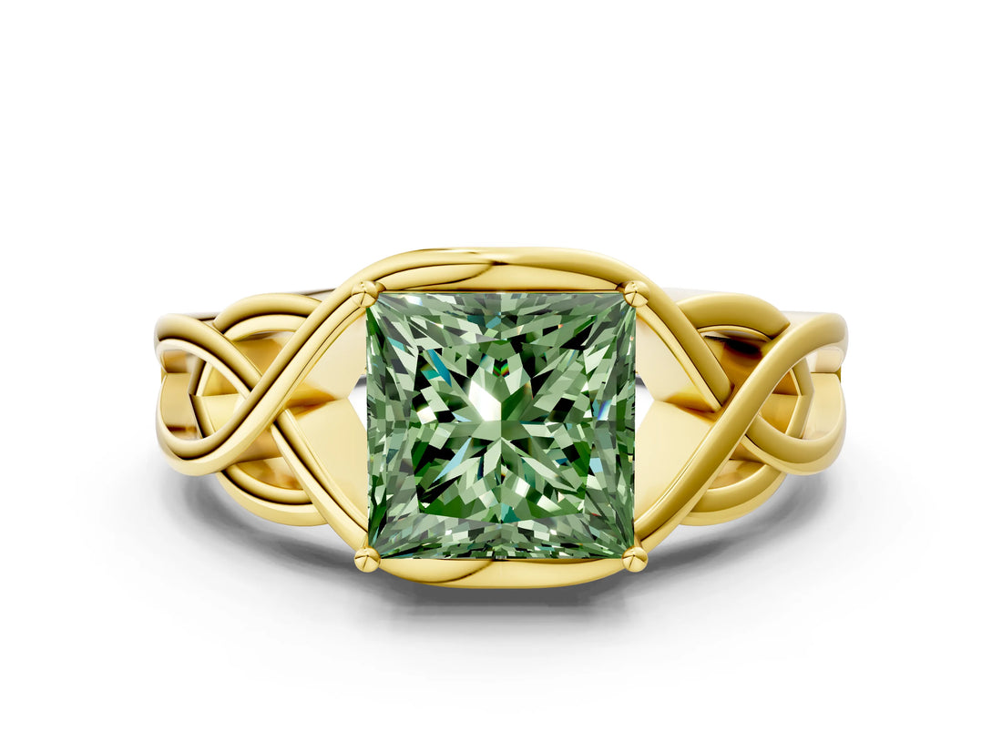 Yellow gold Fancy Green Princess Cut Solitaire Intertwined Band Prong Setting Ring