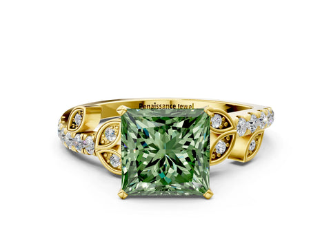 Yellow gold Fancy Green Princess Cut Solitaire Leaf-Inspired Diamond Ring with Pavé Band and Four-Prong Setting_10