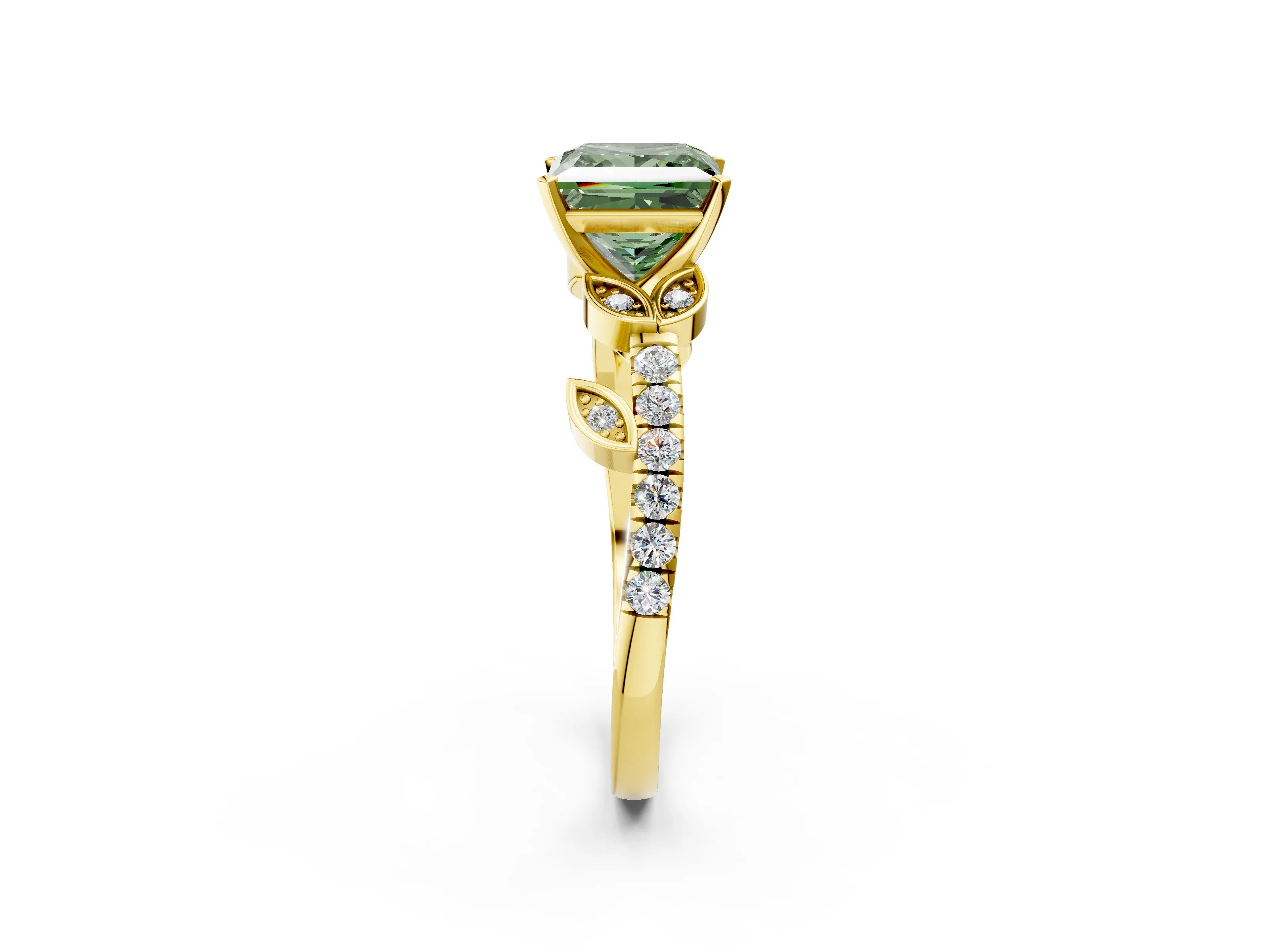 Yellow gold Fancy Green Princess Cut Solitaire Leaf-Inspired Diamond Ring with Pavé Band and Four-Prong Setting_12