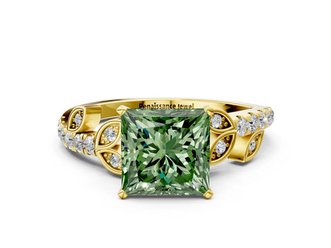 Yellow gold Fancy Green Princess Cut Solitaire Leaf-Inspired Diamond Ring with Pavé Band and Four-Prong Setting_22