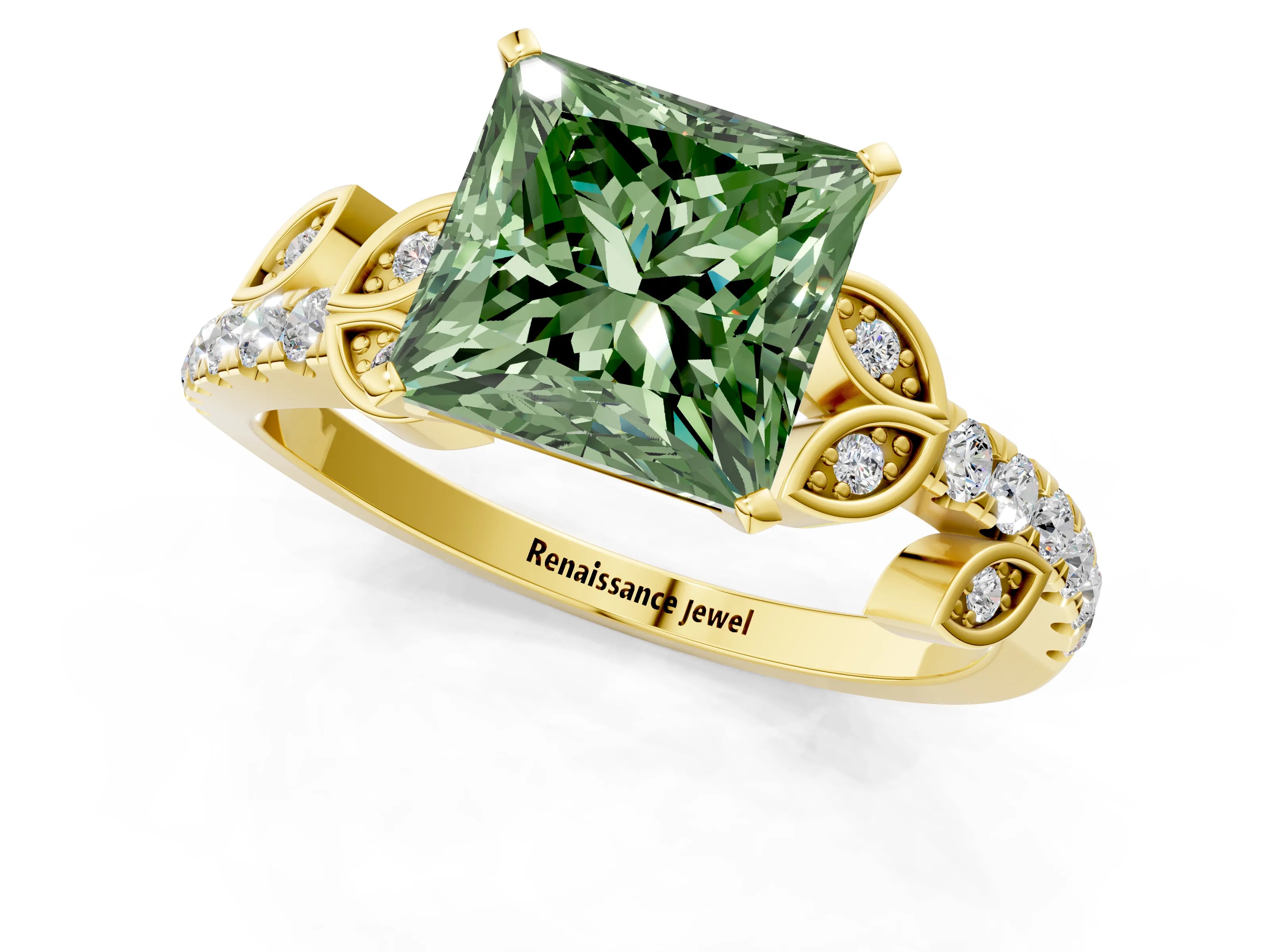 Yellow gold Fancy Green Princess Cut Solitaire Leaf-Inspired Diamond Ring with Pavé Band and Four-Prong Setting_23
