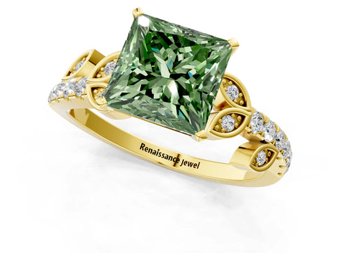 Yellow gold Fancy Green Princess Cut Solitaire Leaf-Inspired Diamond Ring with Pavé Band and Four-Prong Setting_23