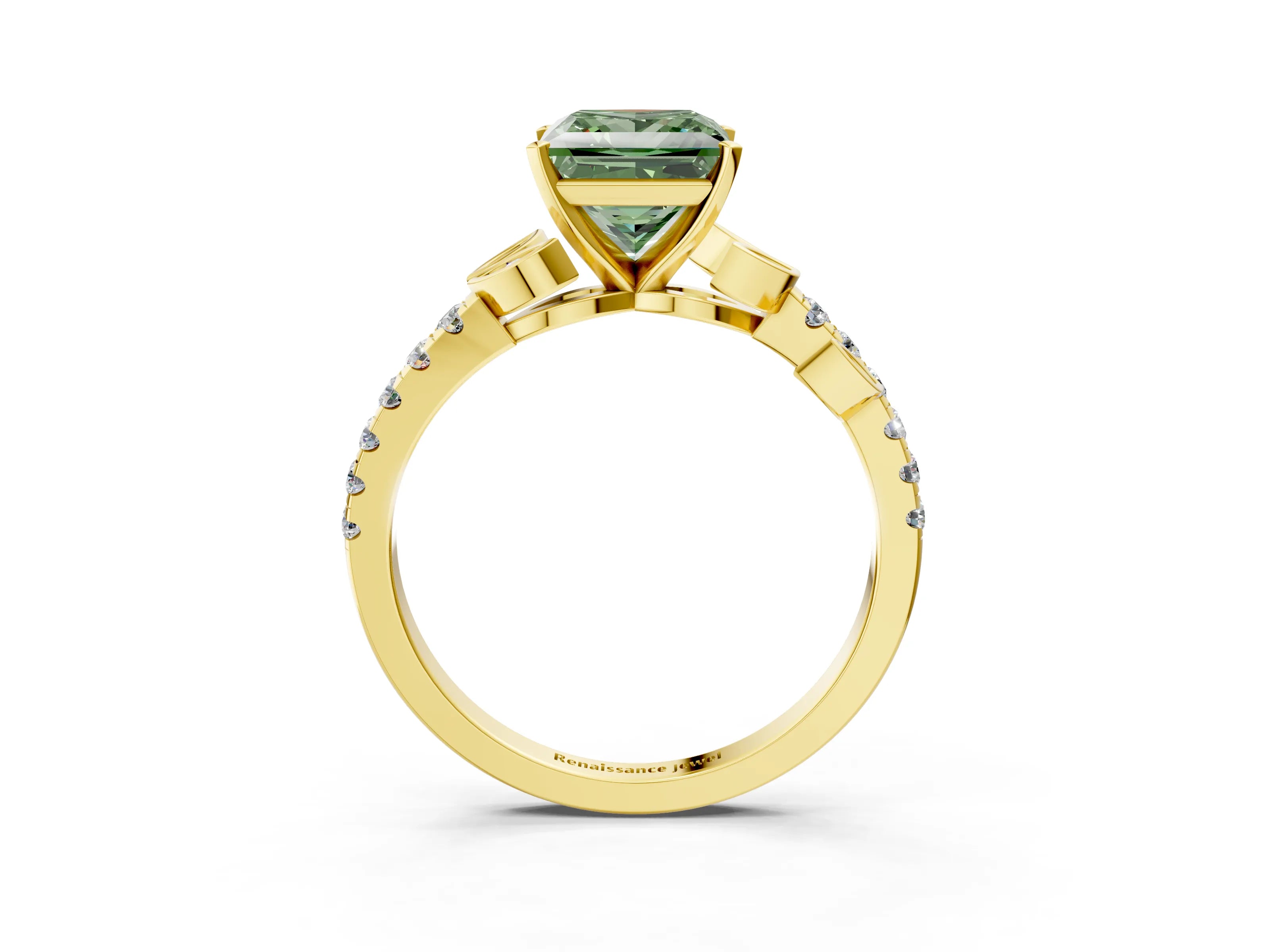 Yellow gold Fancy Green Princess Cut Solitaire Leaf-Inspired Diamond Ring with Pavé Band and Four-Prong Setting_25