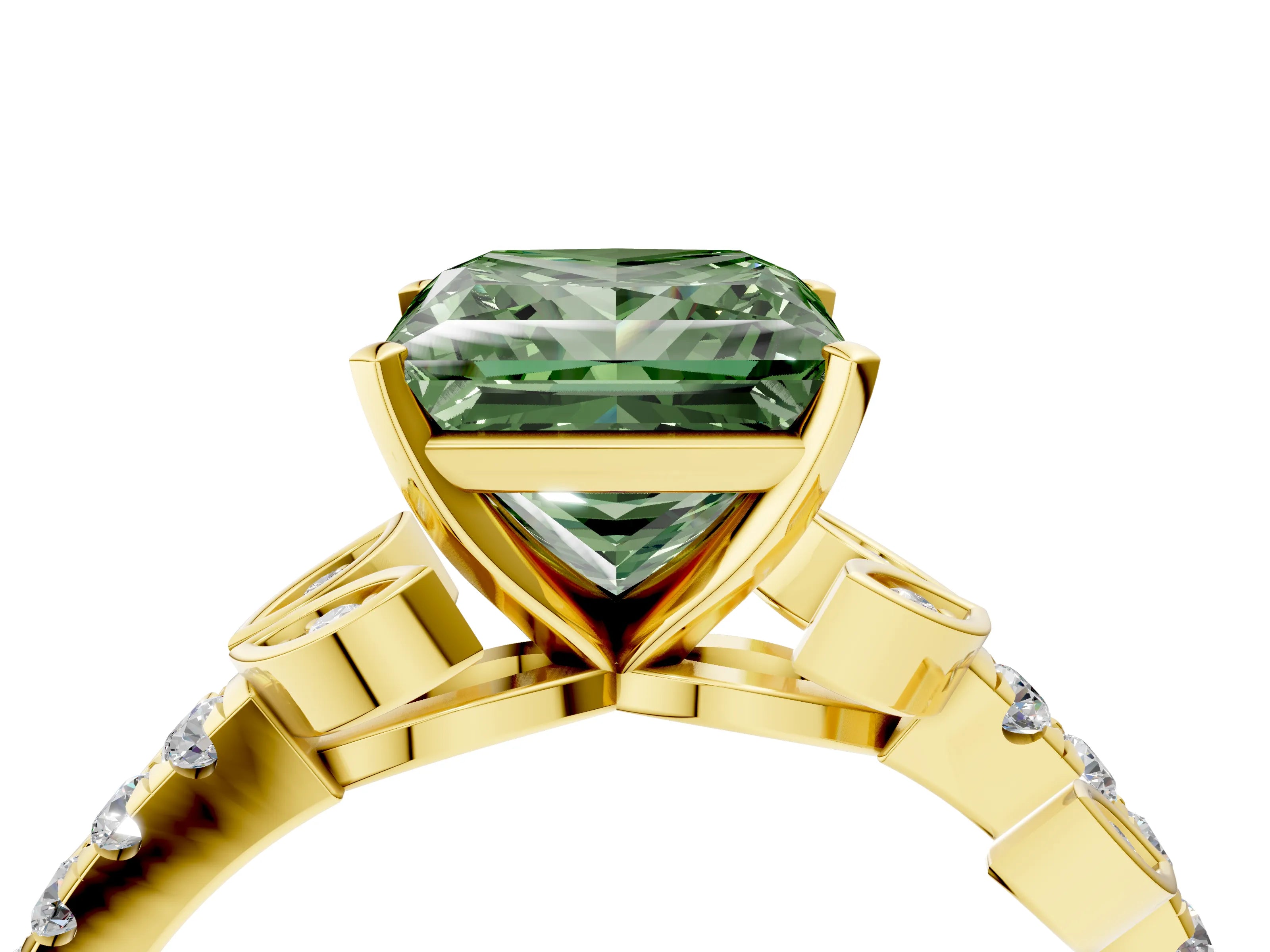 Yellow gold Fancy Green Princess Cut Solitaire Leaf-Inspired Diamond Ring with Pavé Band and Four-Prong Setting_26