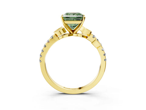 Yellow gold Fancy Green Princess Cut Solitaire Leaf-Inspired Diamond Ring with Pavé Band and Four-Prong Setting_3
