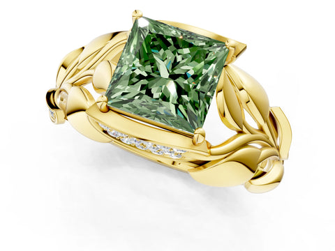 Yellow gold Fancy Green Princess Cut Solitaire Leaf-Inspired Engagement Ring with Prong Setting_1