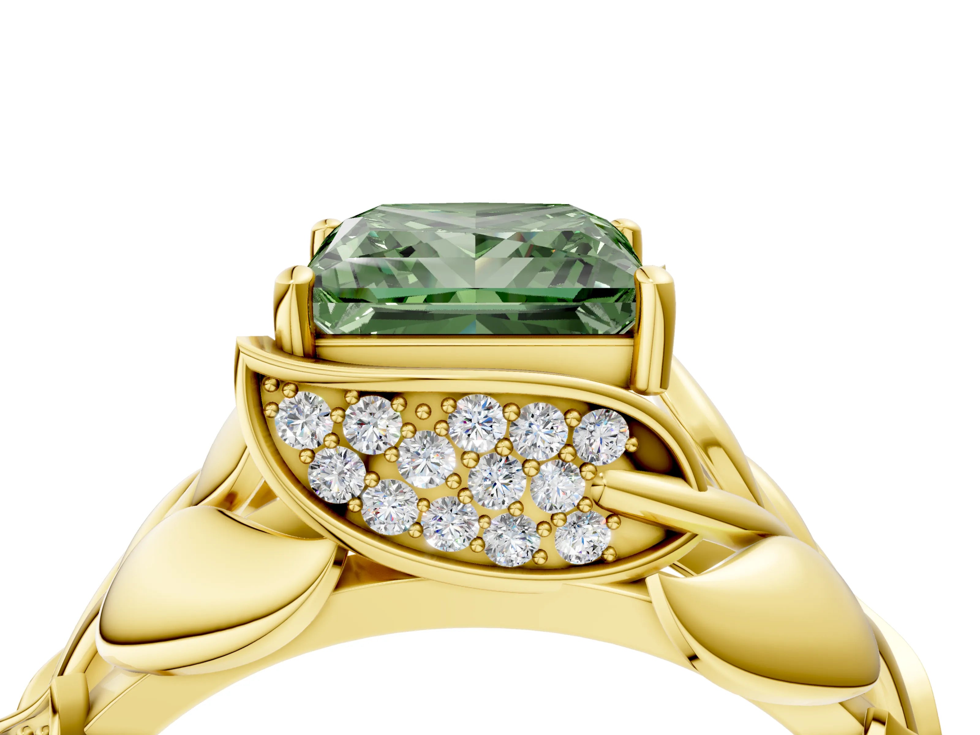 Yellow gold Fancy Green Princess Cut Solitaire Leaf-Inspired Engagement Ring with Prong Setting_4