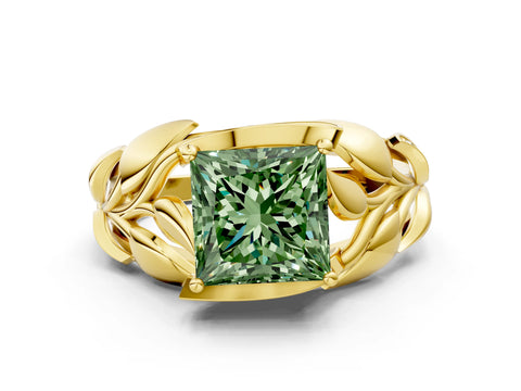 Yellow gold Fancy Green Princess Cut Solitaire Leaf-Inspired Engagement Ring with Prong Setting
