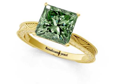 Yellow gold Fancy Green Princess Cut Solitaire Milgrain Engraved Band with Four-Prong Setting_1