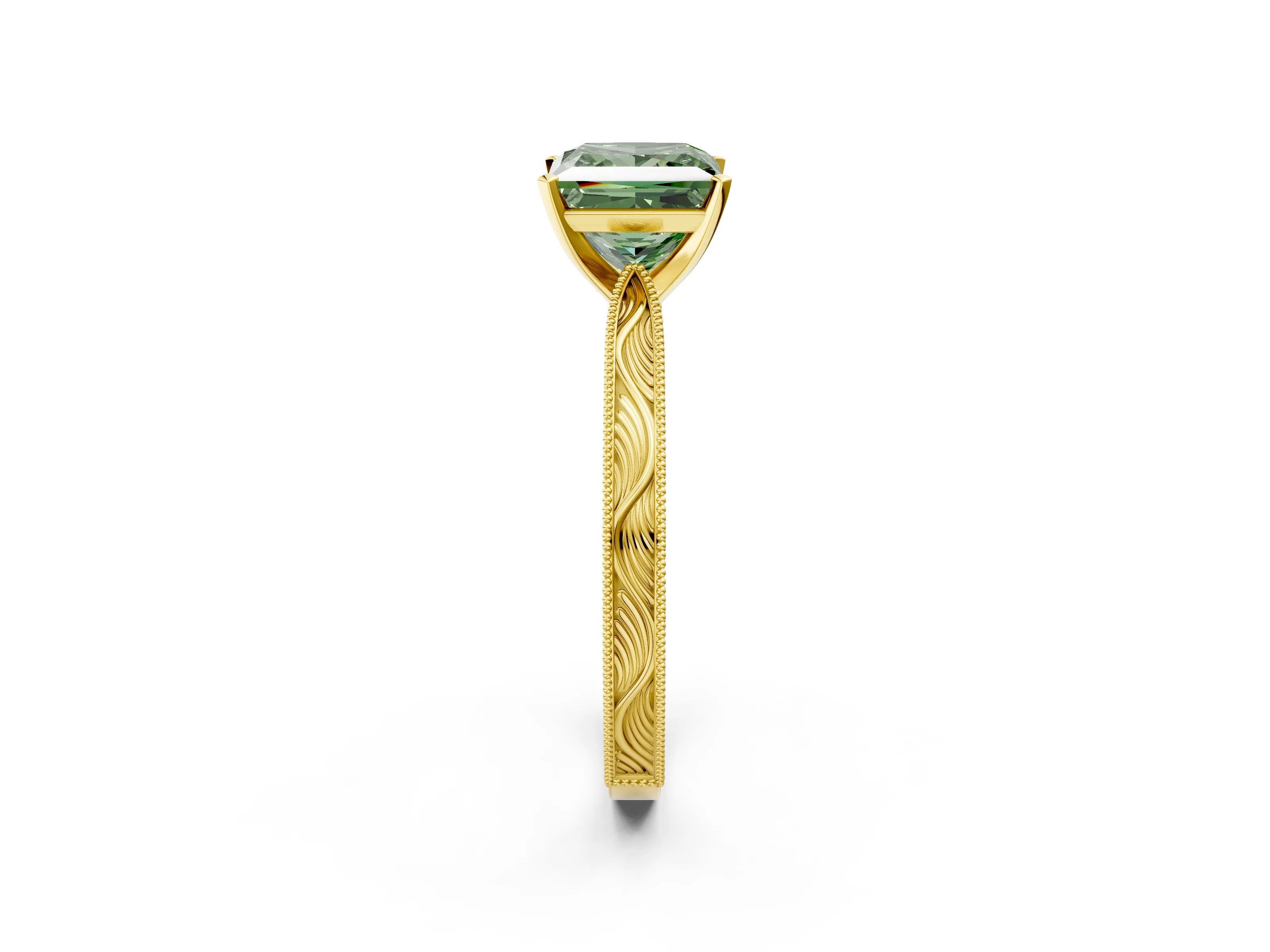 Yellow gold Fancy Green Princess Cut Solitaire Milgrain Engraved Band with Four-Prong Setting_2