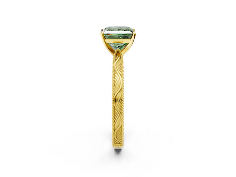 Yellow gold Fancy Green Princess Cut Solitaire Milgrain Engraved Band with Four-Prong Setting_2