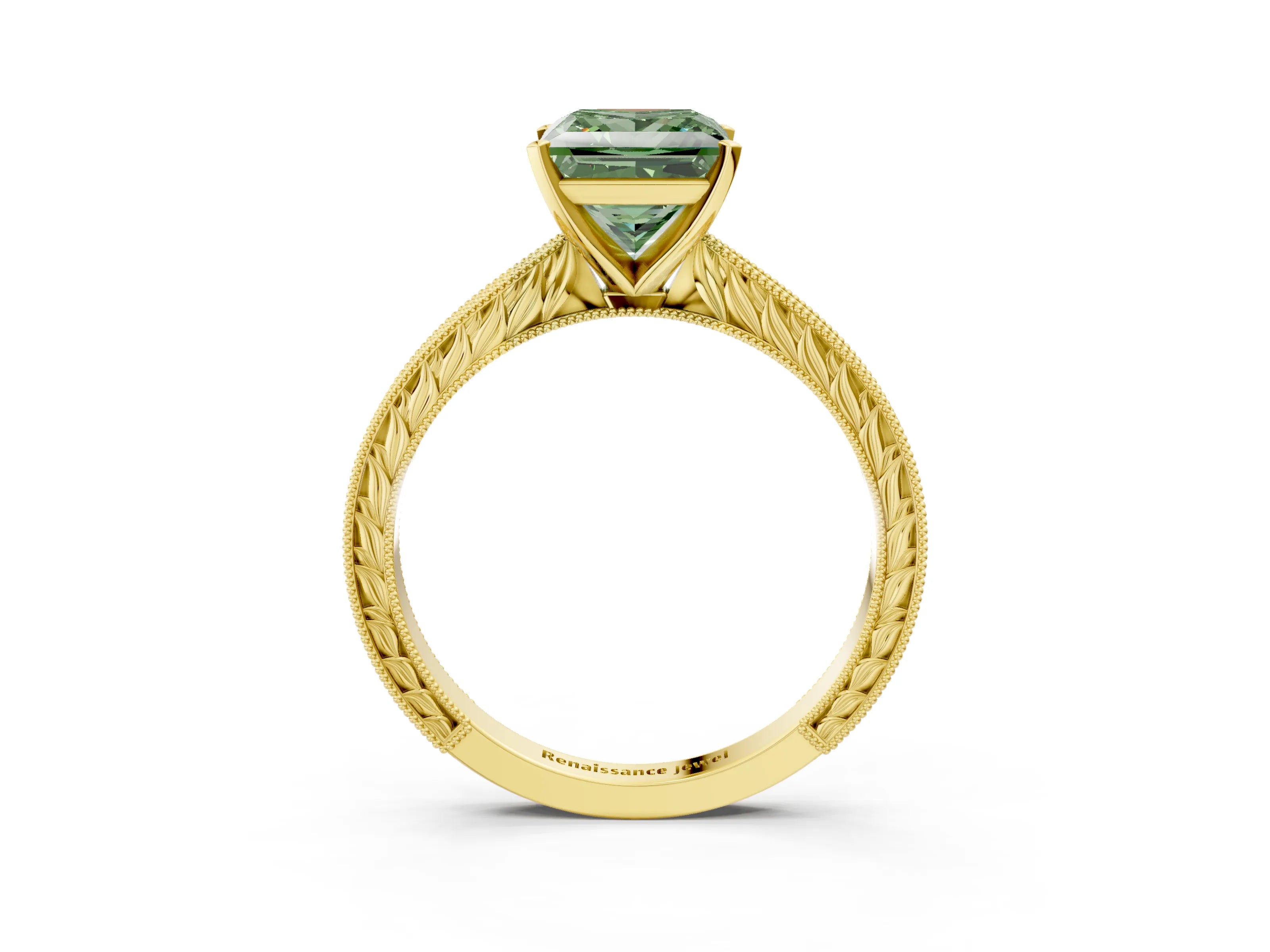 Yellow gold Fancy Green Princess Cut Solitaire Milgrain Engraved Band with Four-Prong Setting_3