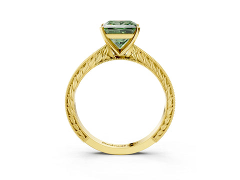 Yellow gold Fancy Green Princess Cut Solitaire Milgrain Engraved Band with Four-Prong Setting_3